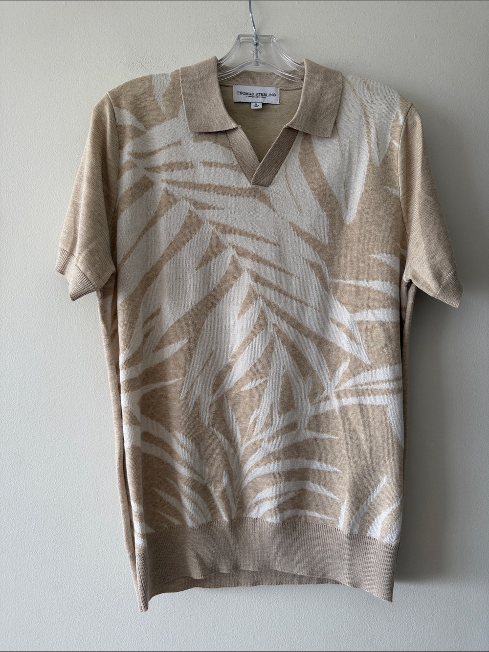 Thomas Sterling Men's Tan Tropical Leaf Short Sleeve Sweater Polo Size S
